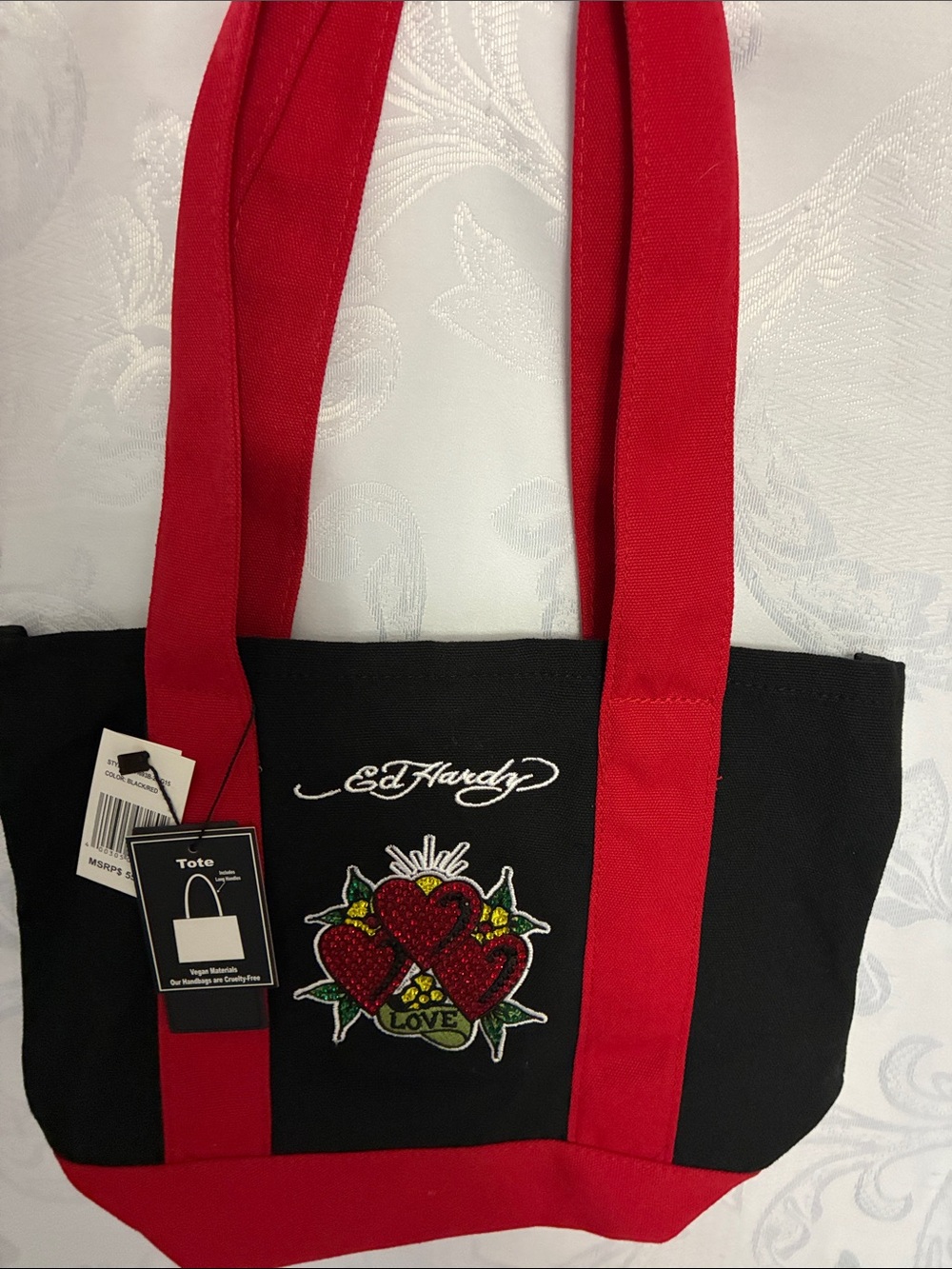 Ed Hardy Black and Red Tote with Heart Embroidery